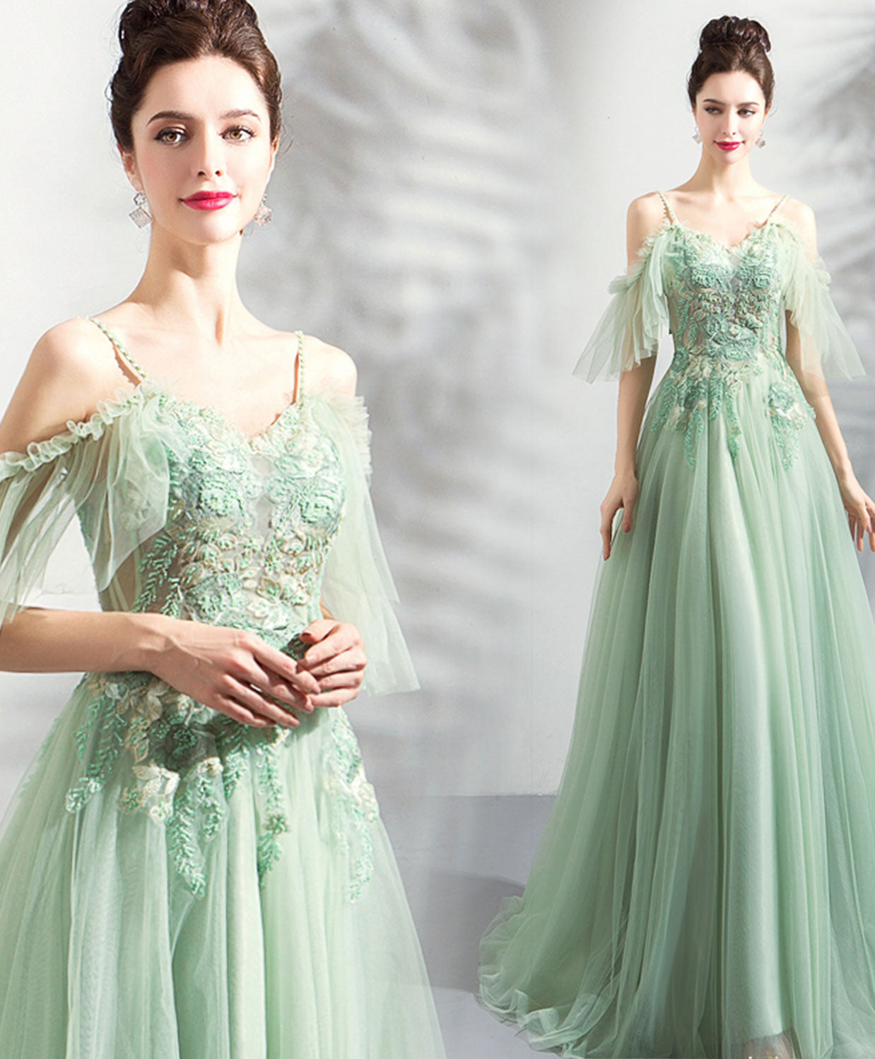 A-Line Off-the-Shoulder Spaghetti Straps Floor-Length Mint Green Tulle & Lace Prom Dress with Appliqué Bodice
