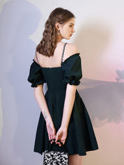 A-Line Sweetheart Knee-Length Black Chiffon Homecoming Dress with Off-the-Shoulder Ruffle Sleeves