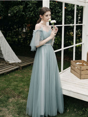 A-Line Dusty Blue One-Shoulder Floor-Length Tulle Prom Dress with Draped Bodice