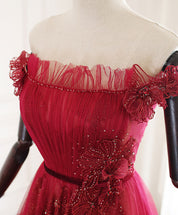 Off-the-Shoulder Floor-Length Tulle & Lace Prom Dress with Floral Embroidery