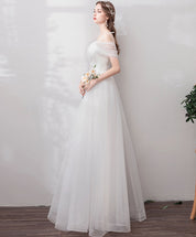 A-Line Ivory Off-the-Shoulder Floor-Length Tulle Prom Dress with Sheer Long Sleeves
