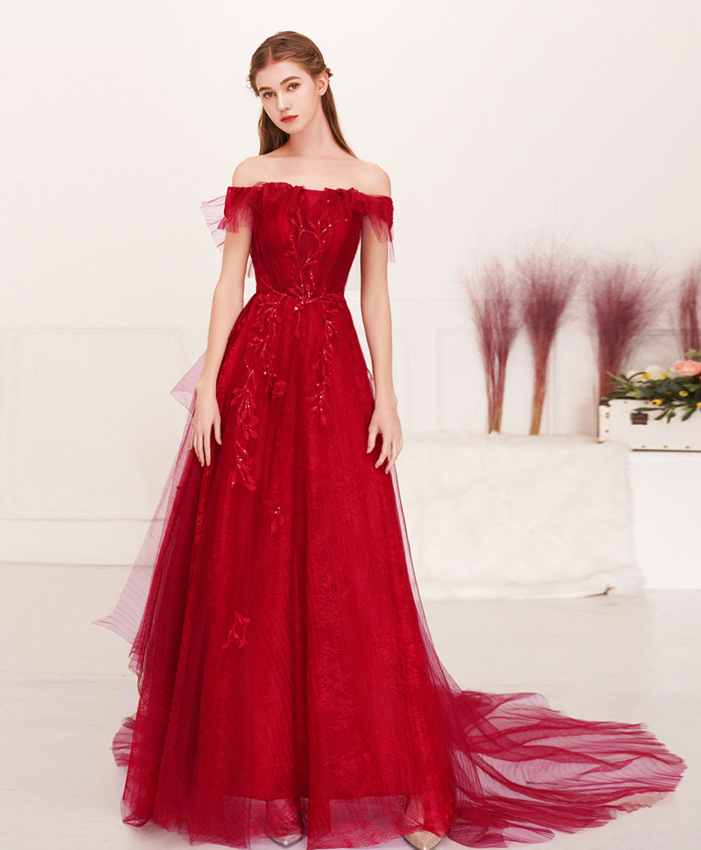 A-Line Off-the-Shoulder Floor-Length Red Tulle Lace Prom Dress with Romantic Floral Appliqué