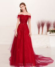 A-Line Off-the-Shoulder Floor-Length Red Tulle Lace Prom Dress with Romantic Floral Appliqué
