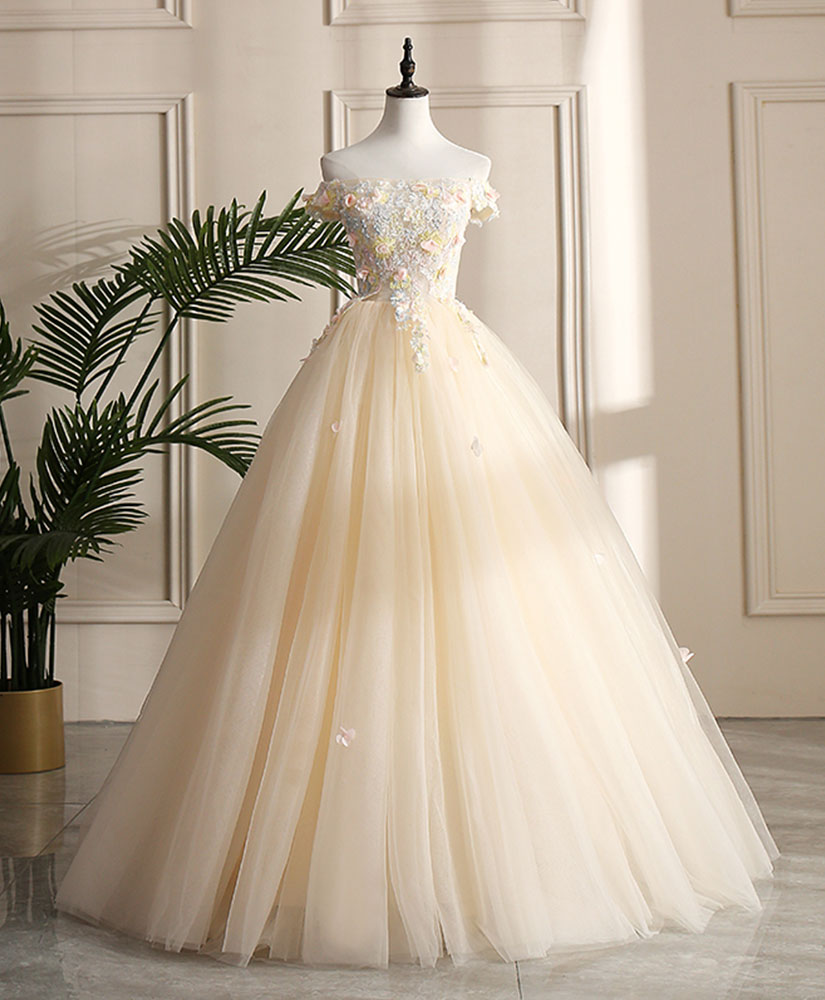 Ball Gown Champagne Off-the-Shoulder Floor-Length Tulle Floral Appliqué Prom Dress