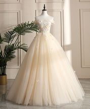 Ball Gown Champagne Off-the-Shoulder Floor-Length Tulle Floral Appliqué Prom Dress