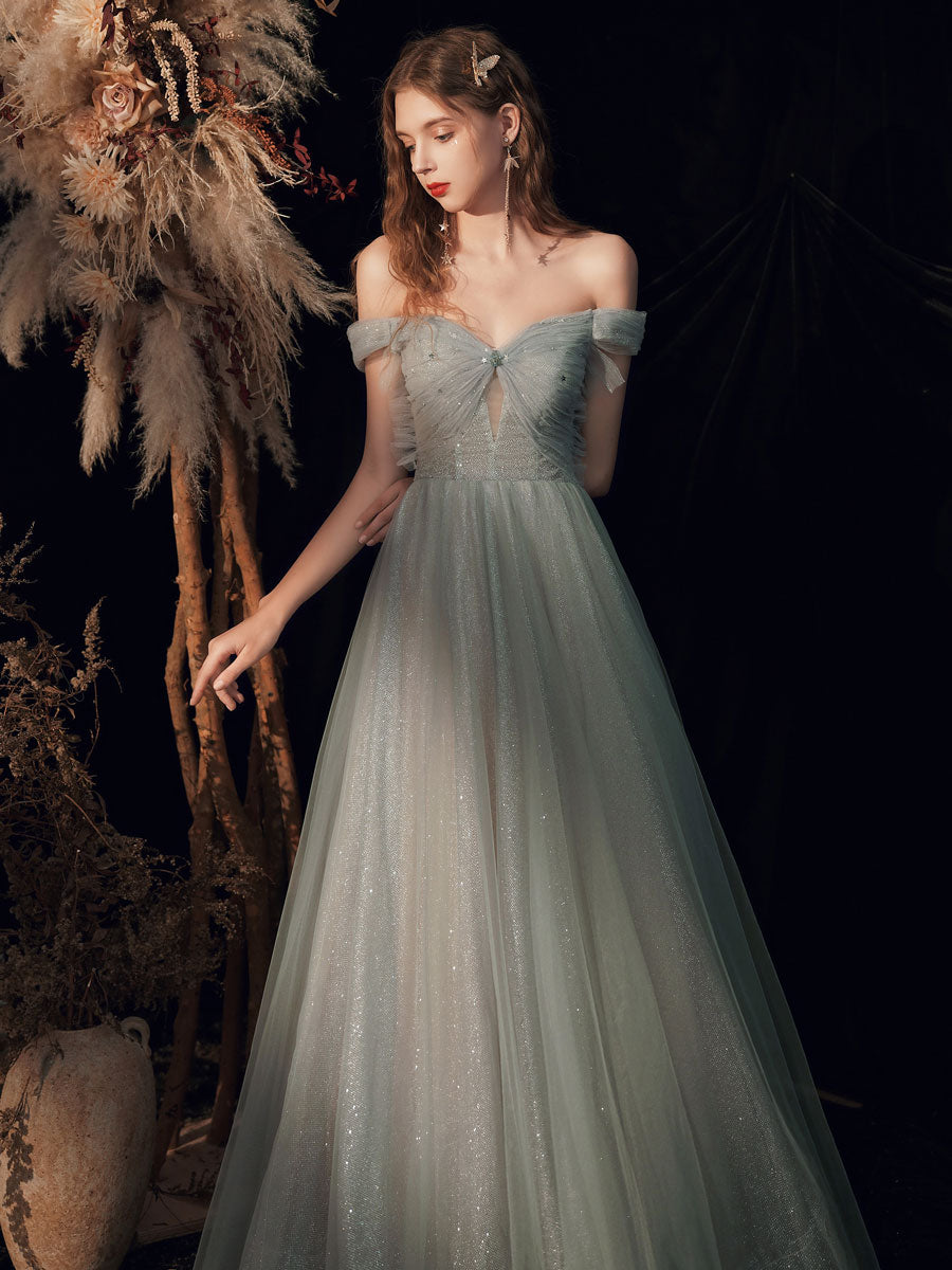 A-Line Off-the-Shoulder Floor-Length Sage Tulle Sequin Prom Dress with Beaded Bodice