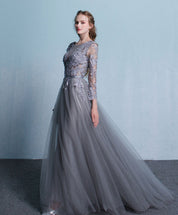 A-Line Illusion V-Neck Floor-Length Tulle & Lace Long Sleeve Prom Dress