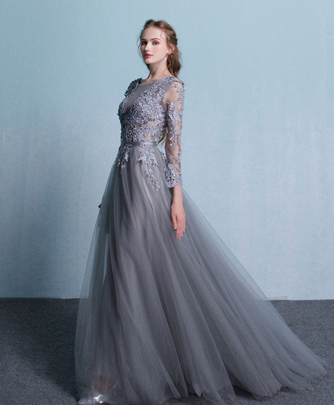 A-Line Illusion V-Neck Floor-Length Tulle & Lace Long Sleeve Prom Dress