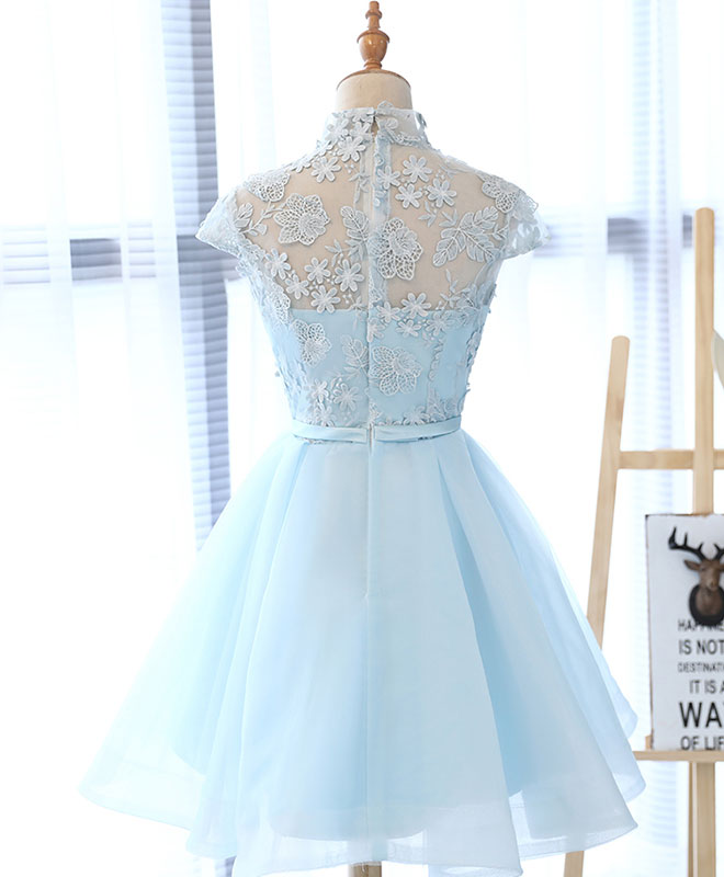 A-Line High Neck Floral Lace Applique Chiffon Short Homecoming Dress With Cap Sleeves