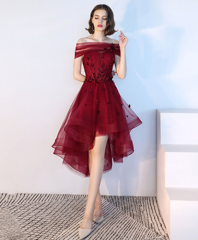 A-line Off-the-Shoulder High-Low Tulle Dress with Lace Appliqué Homecoming Dress