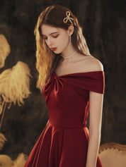 A-Line Off-the-Shoulder Knee-Length Burgundy Satin Prom Dress with Draped Bodice