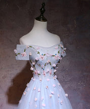 A-line Off-the-Shoulder Knee-Length Tulle Homecoming Dress with 3D Floral Appliqué