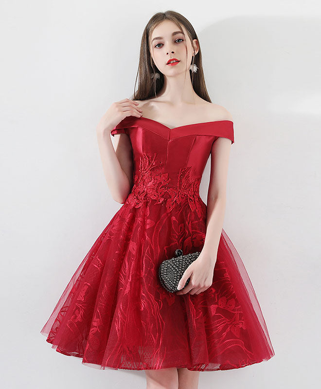 A-Line Off-the-Shoulder Knee-Length Red Tulle Lace Homecoming Dress