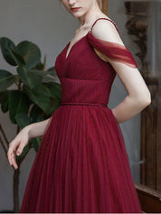A-Line V-Neck Floor-Length Burgundy Tulle Prom Dress with Draped Cold-Shoulder Straps
