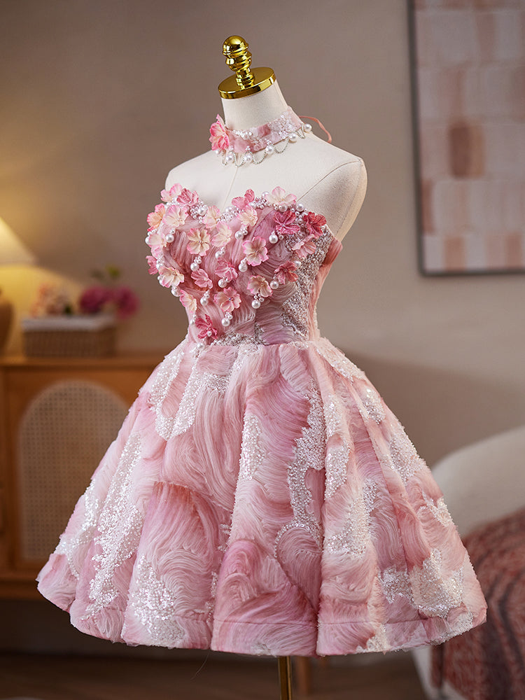 A-Line Straight Neckline Knee-Length Pink Tulle & Lace Floral Homecoming Dress