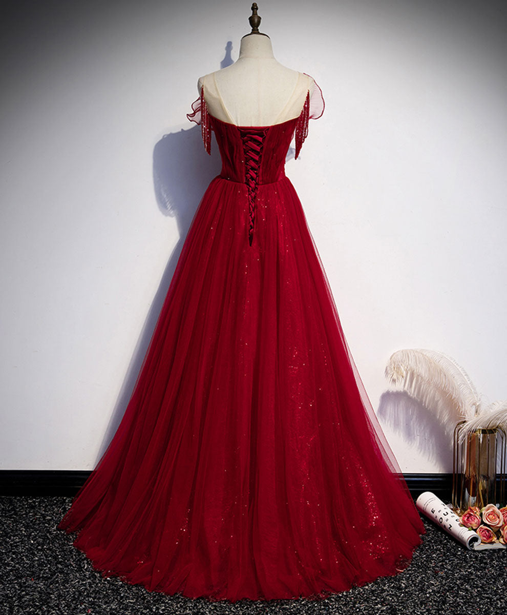 A-Line Burgundy Illusion Sweetheart Floor-Length Tulle Prom Dress with Ruffled Sleeves