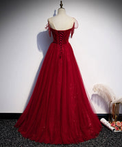 A-Line Burgundy Illusion Sweetheart Floor-Length Tulle Prom Dress with Ruffled Sleeves