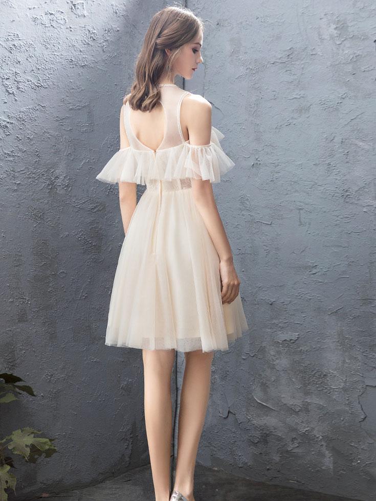 A-Line Illusion Neck Knee-Length Champagne Tulle Homecoming Dress with Cold-Shoulder Sleeves & Floral Lace Appliqué