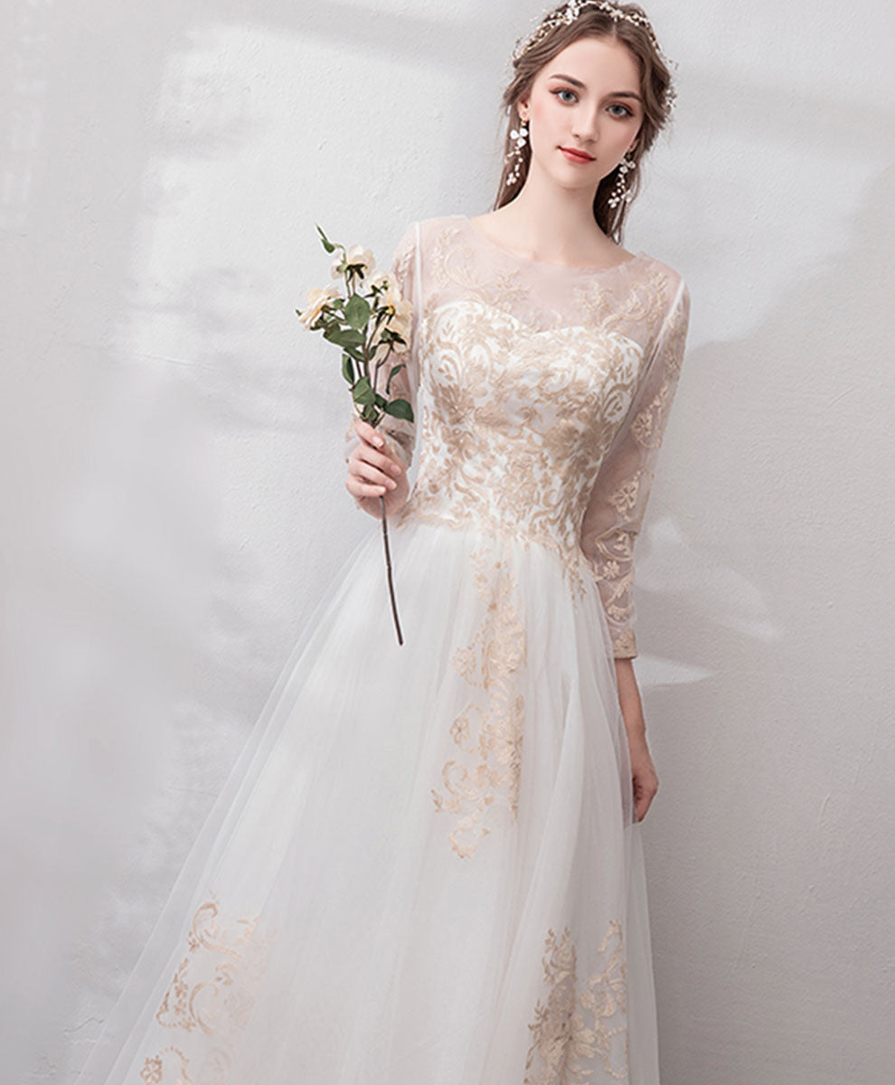 A-Line Ivory Illusion Neck Floor-Length Tulle Lace Prom Dress with Embroidered Bodice