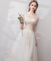 A-Line Ivory Illusion Neck Floor-Length Tulle Lace Prom Dress with Embroidered Bodice
