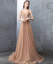 A-Line V-Neck Floor-Length Champagne Tulle Lace Prom Dress with Floral Waist Detail