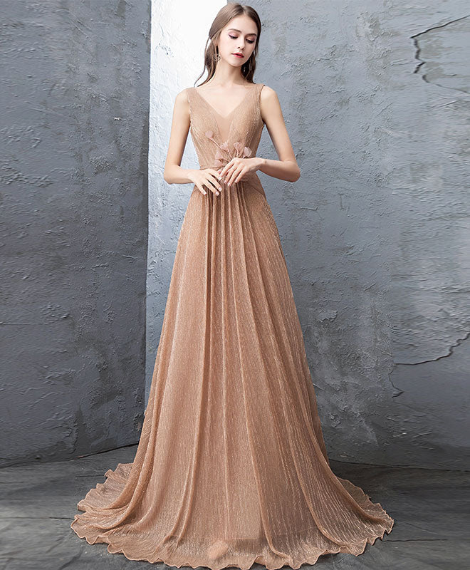 A-Line V-Neck Floor-Length Champagne Tulle Lace Prom Dress with Floral Waist Detail