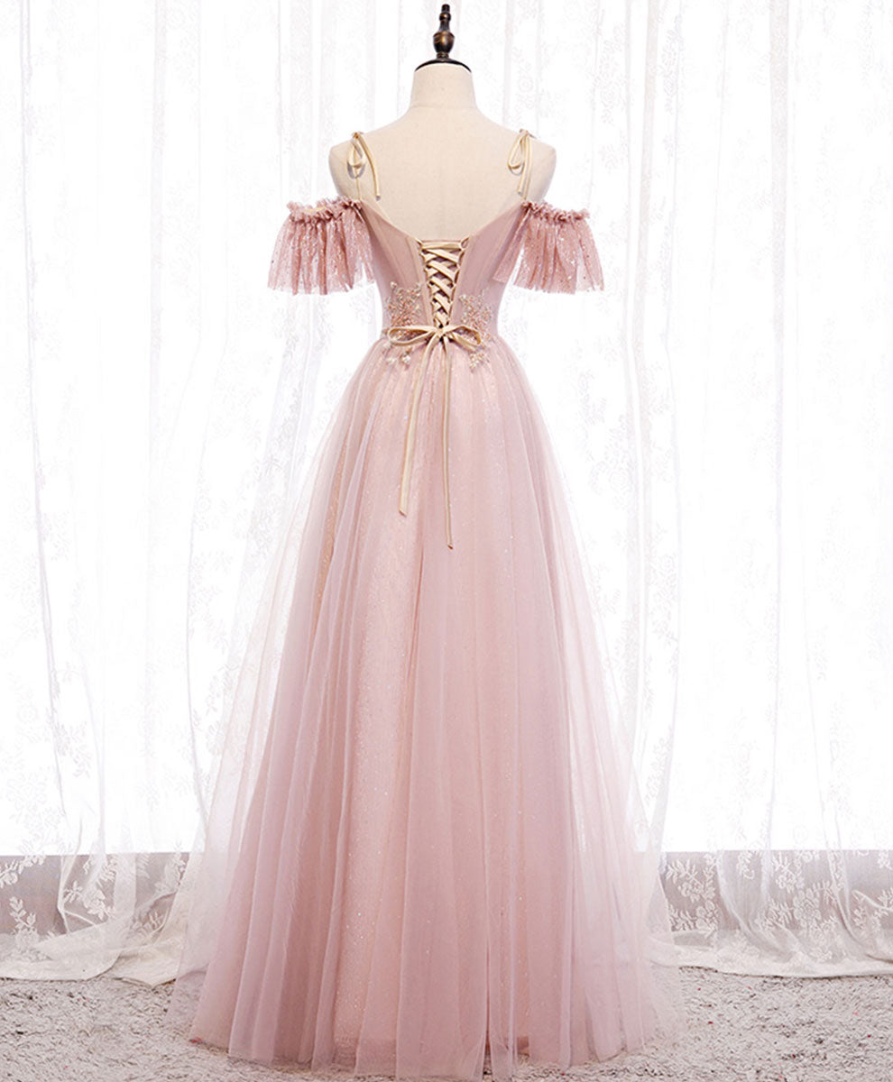 A-Line V-Neck Floor-Length Blush Tulle Beaded Prom Dress with Ruffle Overlay
