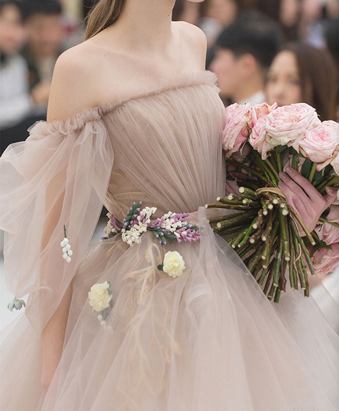 A-Line Off-the-Shoulder Short Tulle Floral-Trim Homecoming Dress