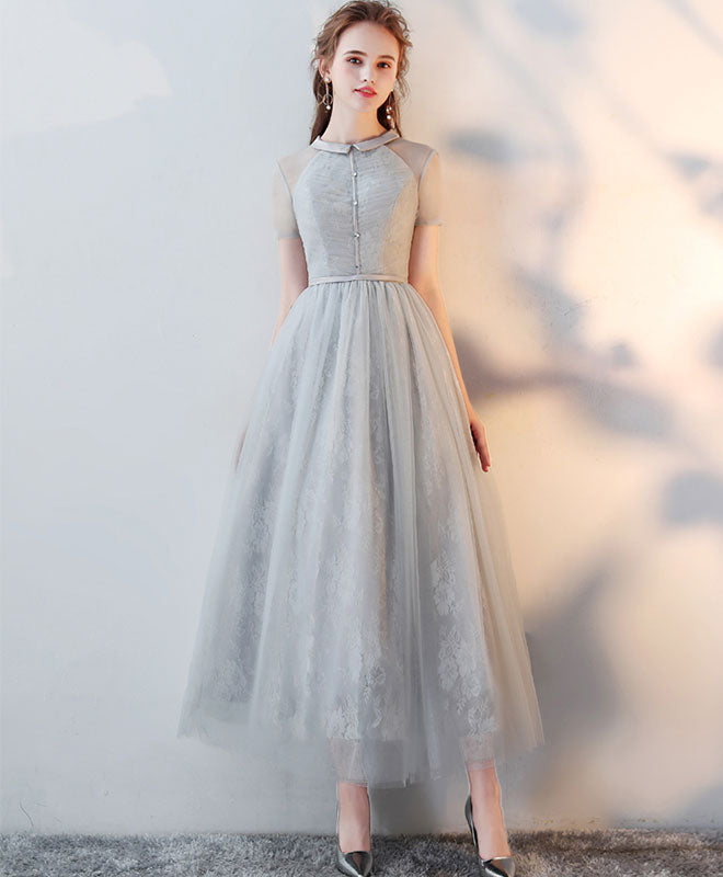 A-Line Illusion Neck Tea-Length Light Grey Tulle Lace Prom Dress with Delicate Floral Texture