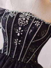 A-Line Off Shoulder Tulle Beads Black Prom Dress, Black Homecoming Dress