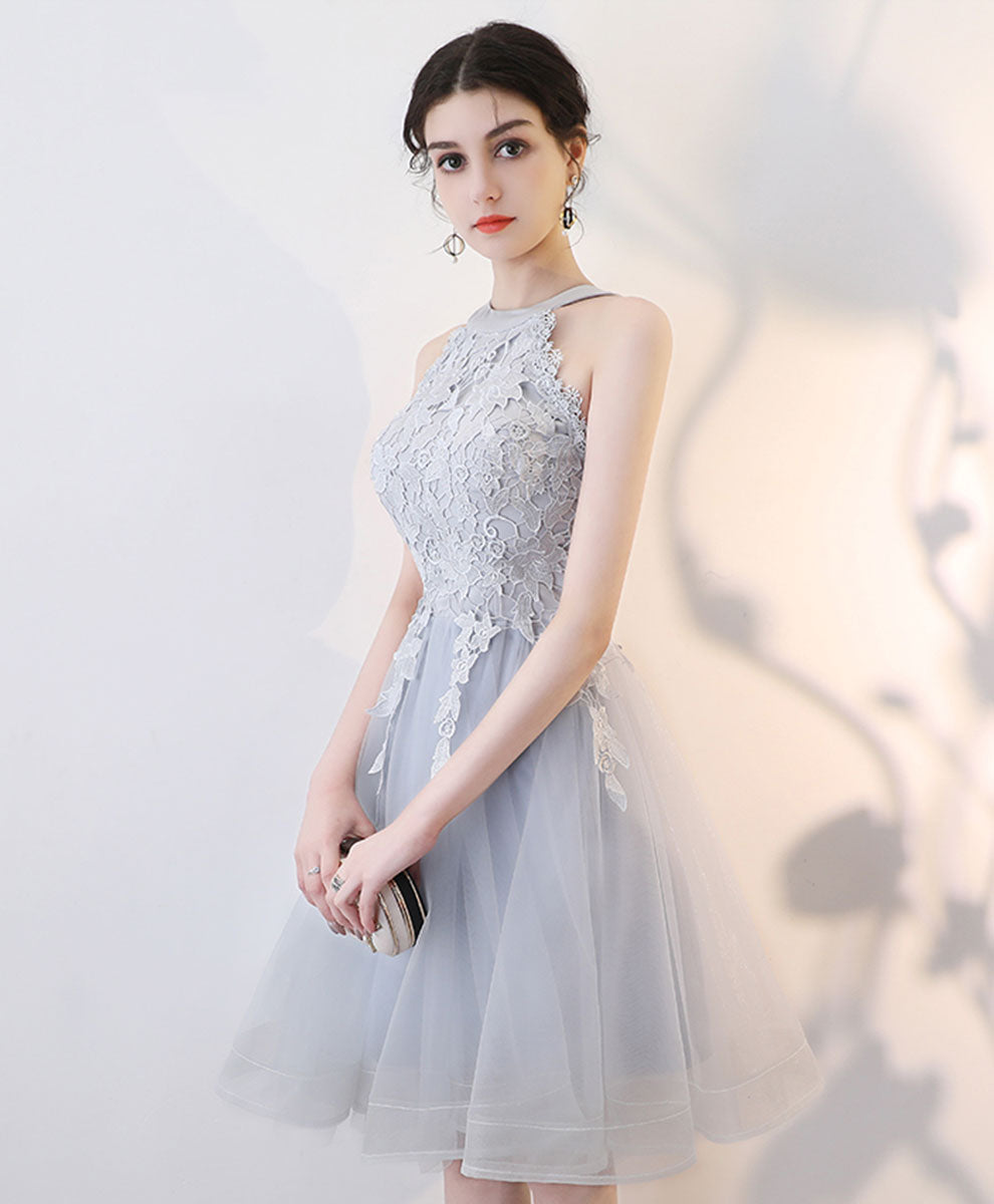 A-Line High Neck Knee-Length Gray Tulle and Lace Homecoming Dress with Floral Lace Bodice
