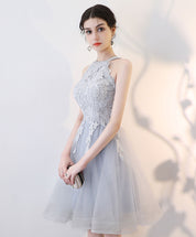 A-Line High Neck Knee-Length Gray Tulle and Lace Homecoming Dress with Floral Lace Bodice