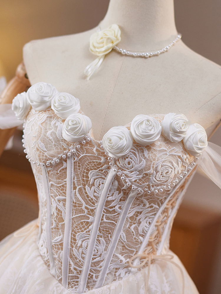 Ivory A-Line Off-the-Shoulder Knee-Length Tulle Homecoming Dress with 3D Floral Appliqué