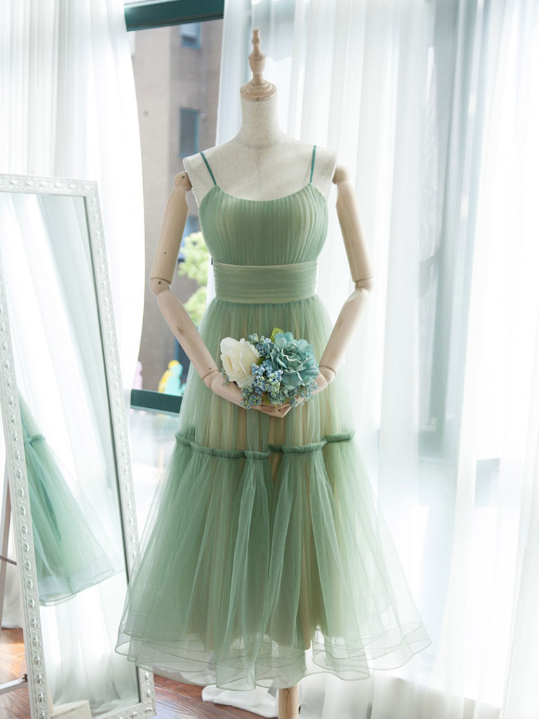 A-Line Scoop Neck Tea-Length Sage Green Tulle Homecoming Dress with Tiered Skirt
