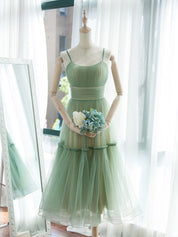 A-Line Scoop Neck Tea-Length Sage Green Tulle Homecoming Dress with Tiered Skirt