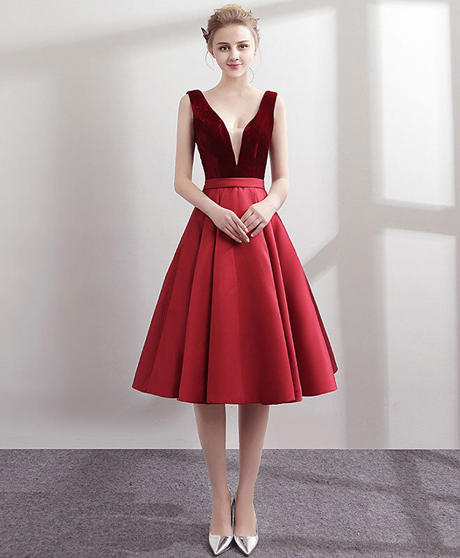 A-line V Neck Knee-Length Satin & Velvet Dress with Illusion Plunge Homecoming Dress