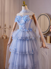 A-Line Tulle Flower Blue Long Prom Dress with Lace-Up Back