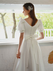 A-Line Sweetheart Tea-Length Ivory Satin Prom Dress with Short Puff Sleeves