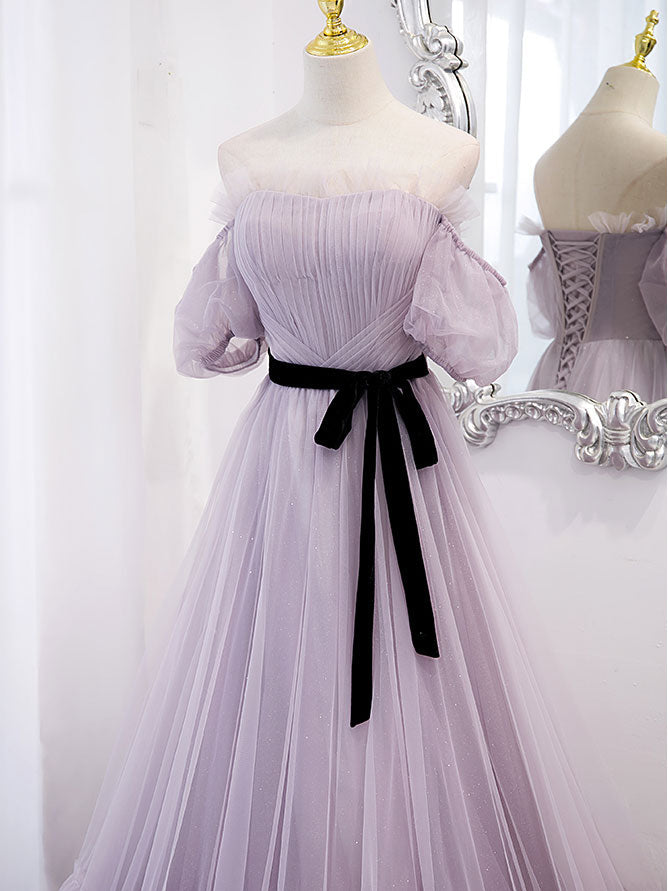 A-Line Lavender Sweetheart Floor-Length Tulle Prom Dress with Puff Sleeves and Ribbon Sash