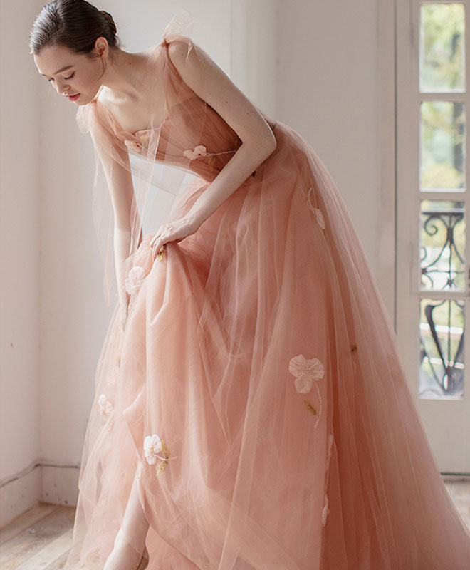 A-Line Scoop Neck Floor-Length Blush Tulle & Lace Prom Dress with 3D Floral Appliqué