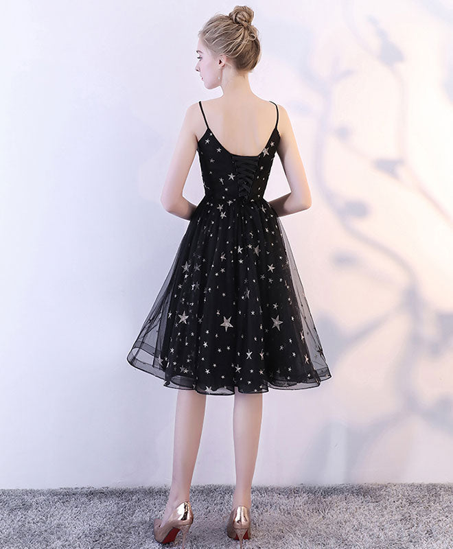A-Line Sweetheart Neck Knee-Length Black Tulle Star Embroidered Homecoming Dress