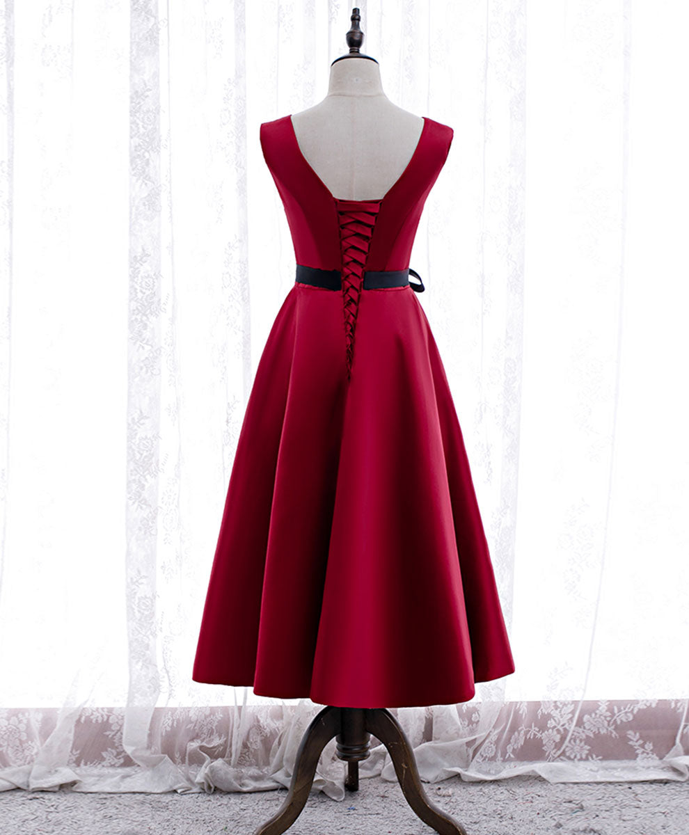 A-Line V-Neck Tea-Length Red Satin Homecoming Dress with Contrast Bow Waist