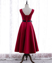 A-Line V-Neck Tea-Length Red Satin Homecoming Dress with Contrast Bow Waist