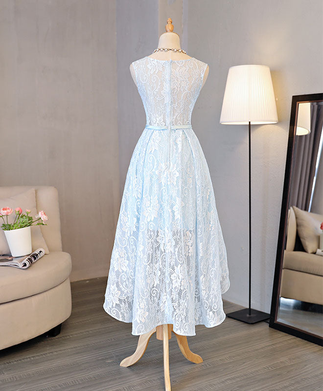 A-line Illusion Neck High-Low Lace Homecoming Dress with Waist Bow Detail