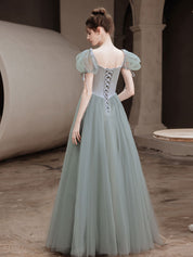 A-Line Off-the-Shoulder Floor-Length Sage Green Tulle Prom Dress with Soft Puff Sleeves
