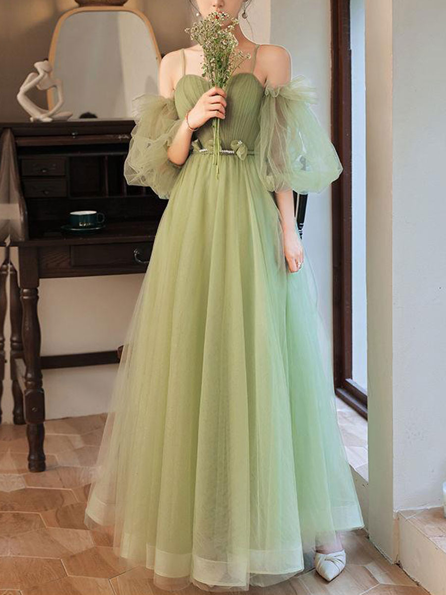 Green A-Line Sweetheart Floor-Length Tulle Prom Dress with Off-the-Shoulder Puff Sleeves