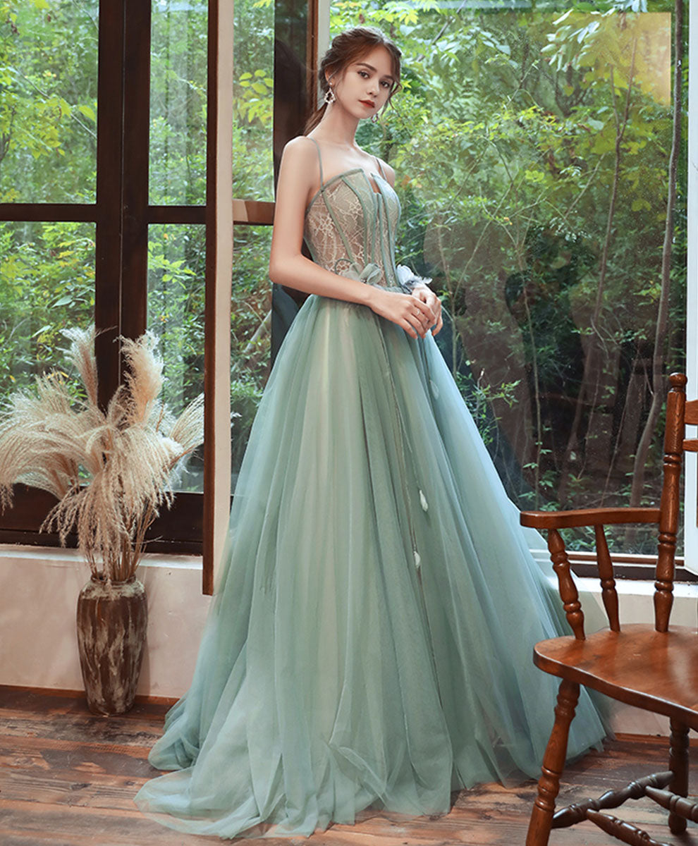 Ball Gown Sweetheart Neck Floor-Length Mint Green Tulle Lace Prom Dress with Corset Bodice