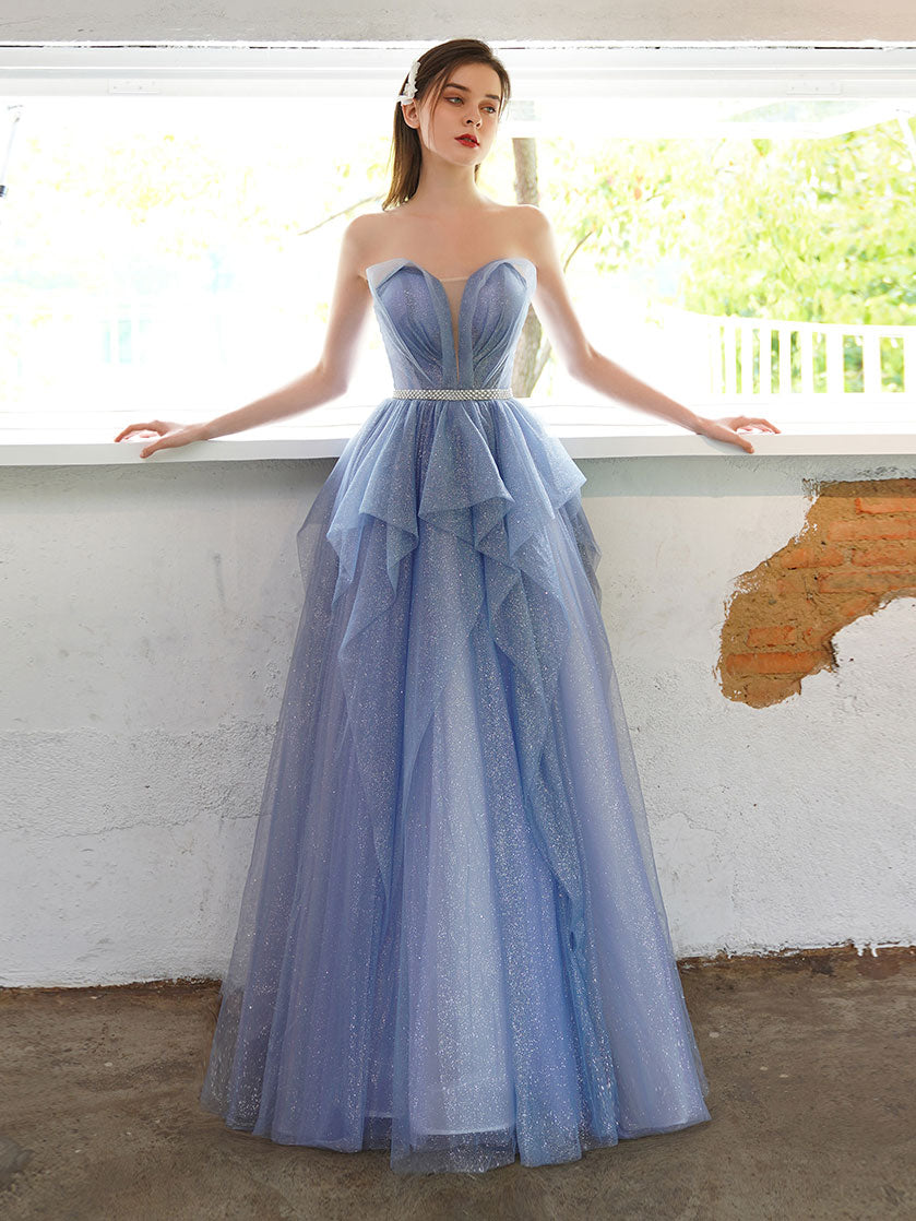 A-Line Sweetheart Neck Floor-Length Blue Tulle Layered Prom Dress with Glitter Finish
