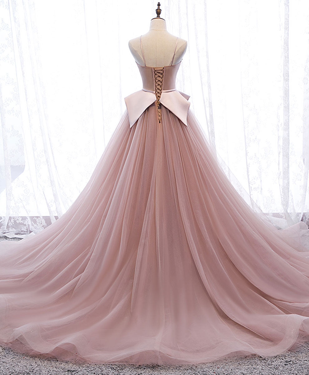 A-Line Sweetheart Floor-Length Blush Pink Tulle and Satin Prom Dress with Structured Bow Waist