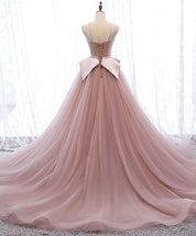 A-Line Sweetheart Floor-Length Blush Pink Tulle and Satin Prom Dress with Structured Bow Waist